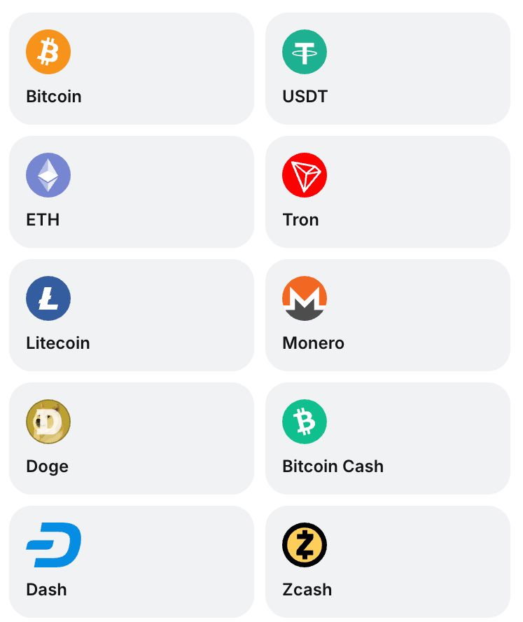 Криптовалюты в 1win — Bitcoin, USDT, ETH, Tron, Litecoin, Monero, Doge, Bitcoin Cash, Dash, Zcash